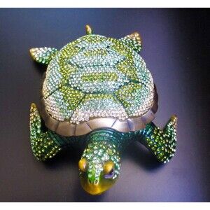 Swarovski Sea Turtle Trinket Box Figurine Rhinestones Green 6" Long